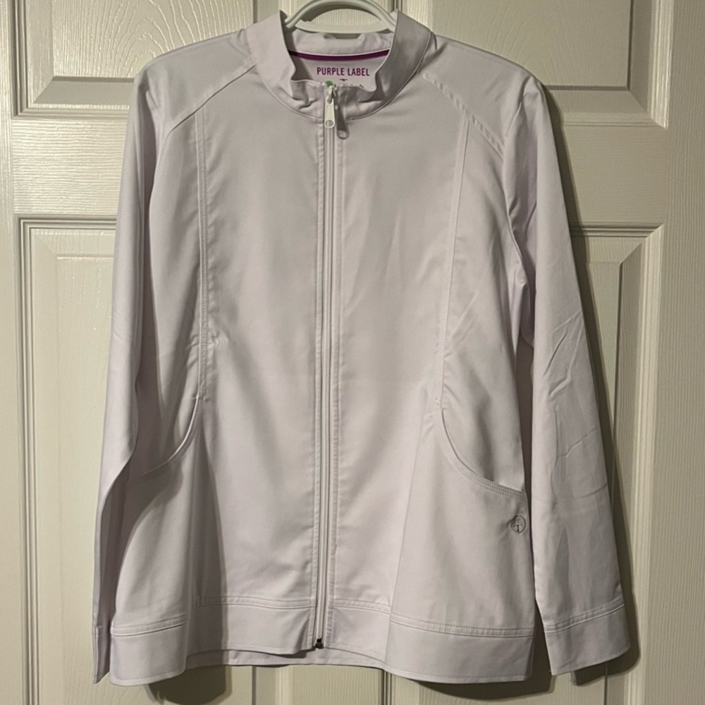 White Healing Hands scrub jacket with Full-Length Zipper